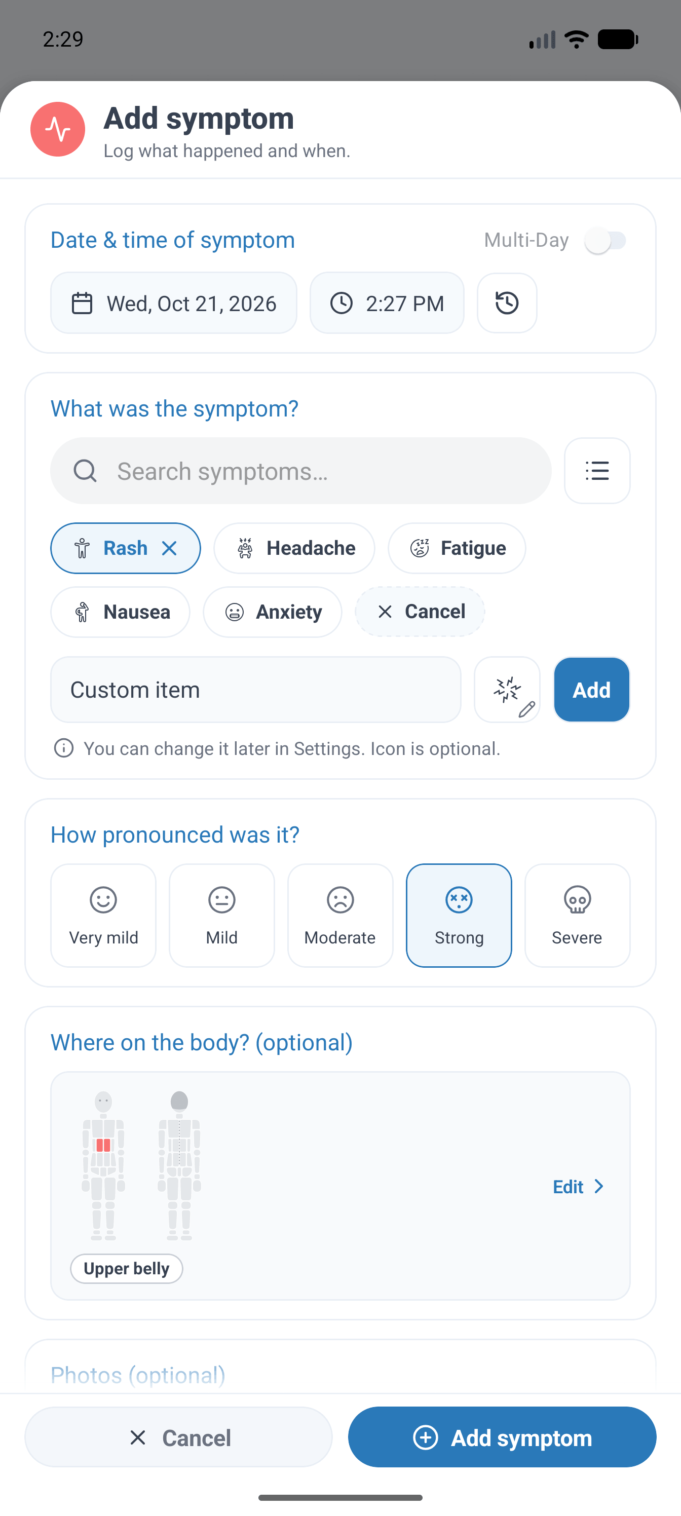 SympLog app screenshot: Choose from built-in symptoms or create your own. Log multiple symptoms or multiple days at once, and optionally mark body map locations and attach photos.